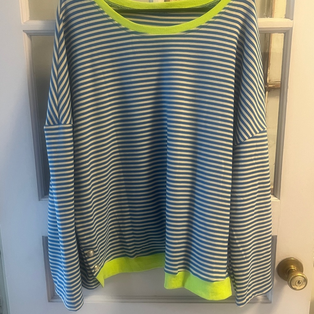 NWOT Oversized Blue & White Striped Sweater – XL – Neon Trim & Silver Button - Picture 2 of 16